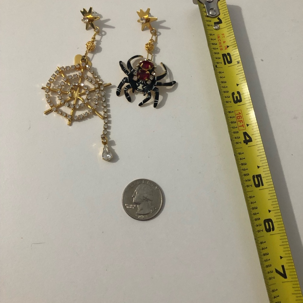 Lunch At The Ritz Gold And Black Crystal Spider Spiderweb Dangle Earrings - Picture 8 of 8